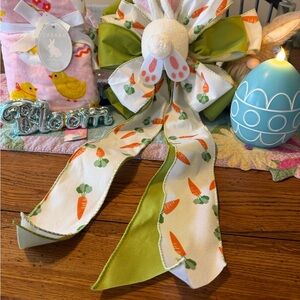 Saba White & Green Bunny Ribbon Bow with Carrot Print Chick towels and Egg candl